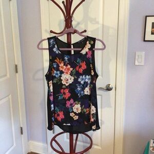 Floral A-line tank, Womens Sz Med, Semi sheer Black, multi colored flowers.